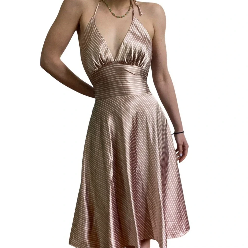 Vintage Alyn Paige Satin Stripe Halter Midi‎ Dress Retro Y2k Coquette Sz M